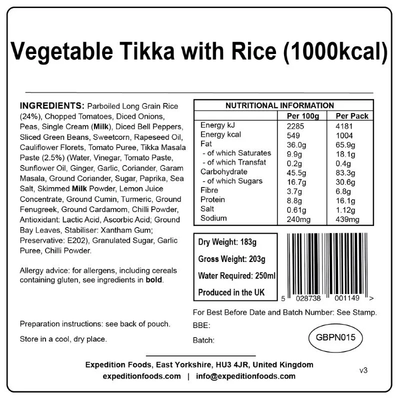Expedition Foods Vegetable Tikka with Rice (1000Kcal) - Image 3