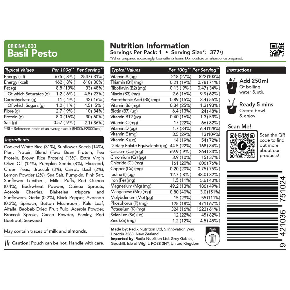 Radix Nutrition Original 600kcal Meal, BASIL PESTO 127g - Image 2