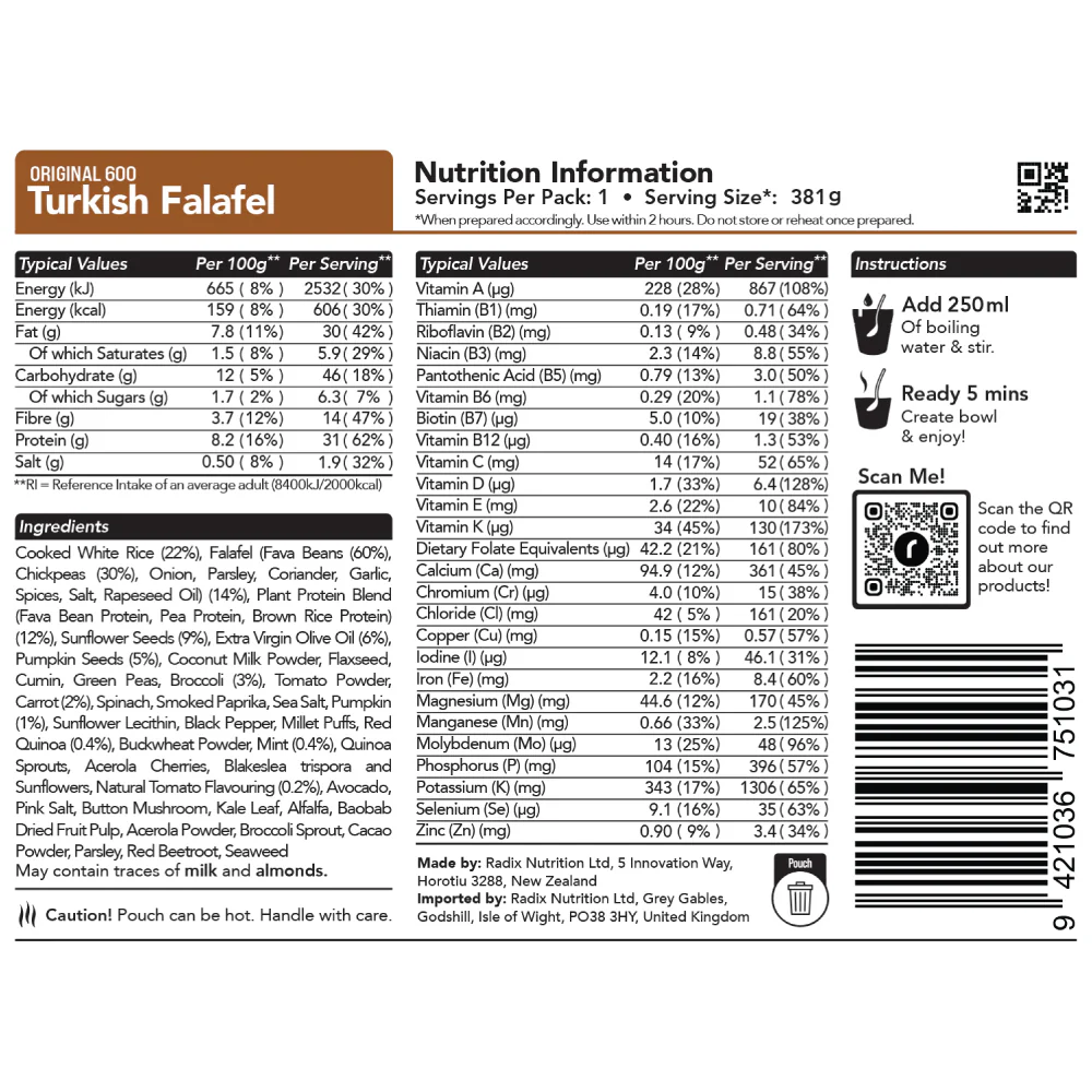 Radix Nutrition Original 600kcal Meal, TURKISH FALAFEL 131g - Image 2