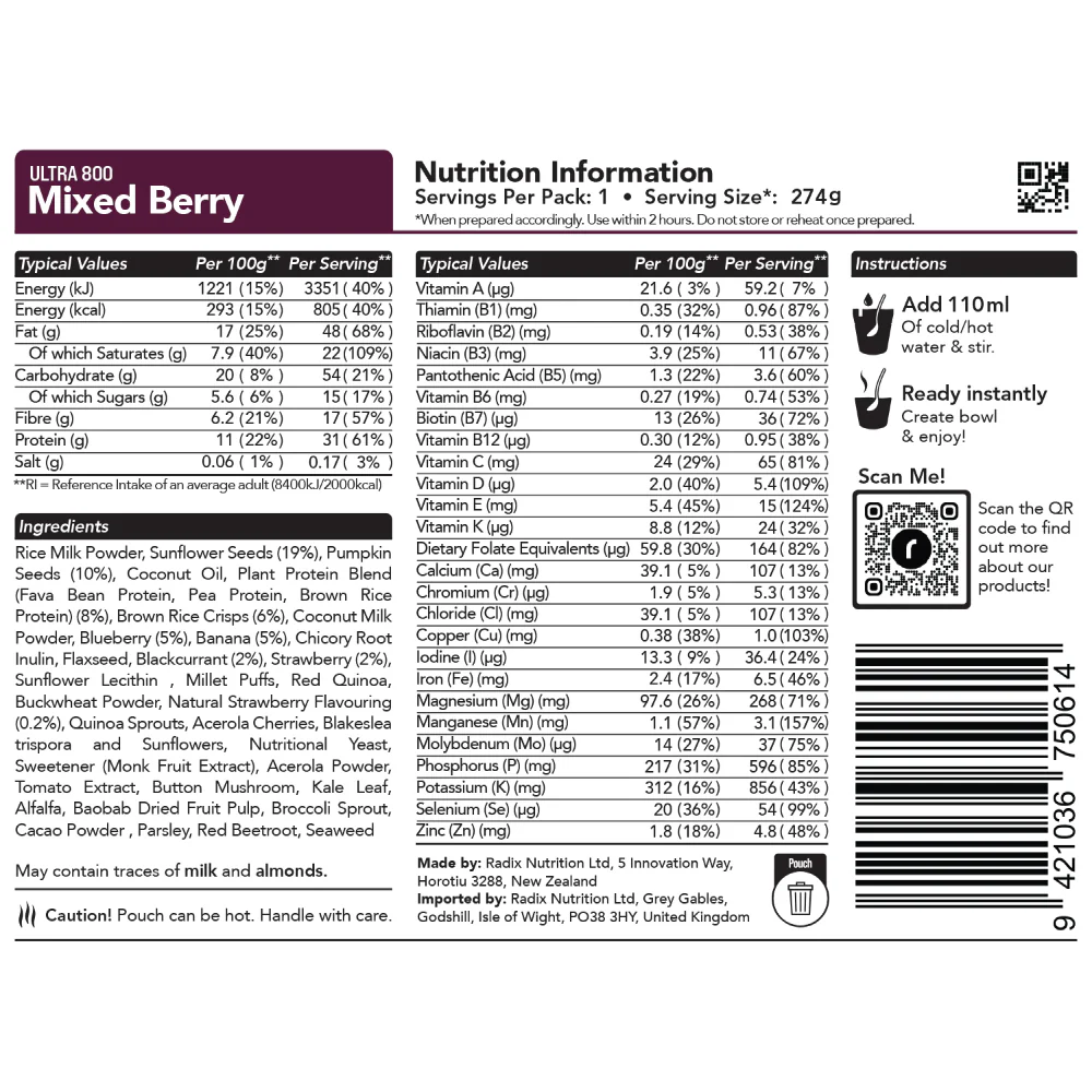 Radix Nutrition Ultra v9 Mixed Berry Breakfast Meal (164g) 800kcal - Image 2
